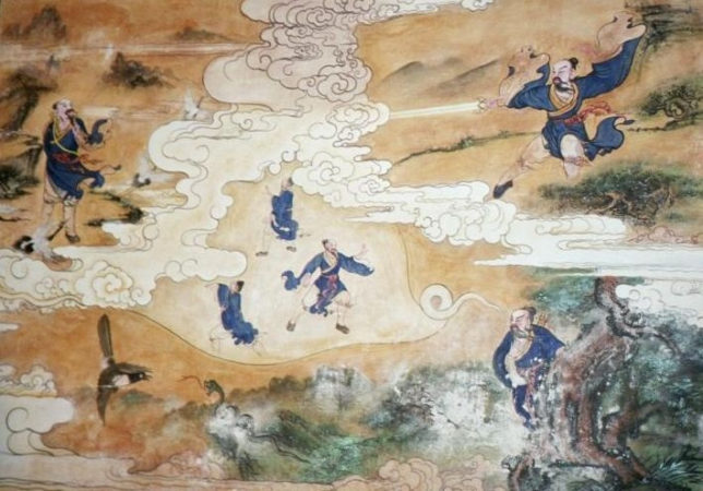 Legenda o vzniku Tai Ji Quan: Chan San-feng pozoruje boj hada s jeřábem.